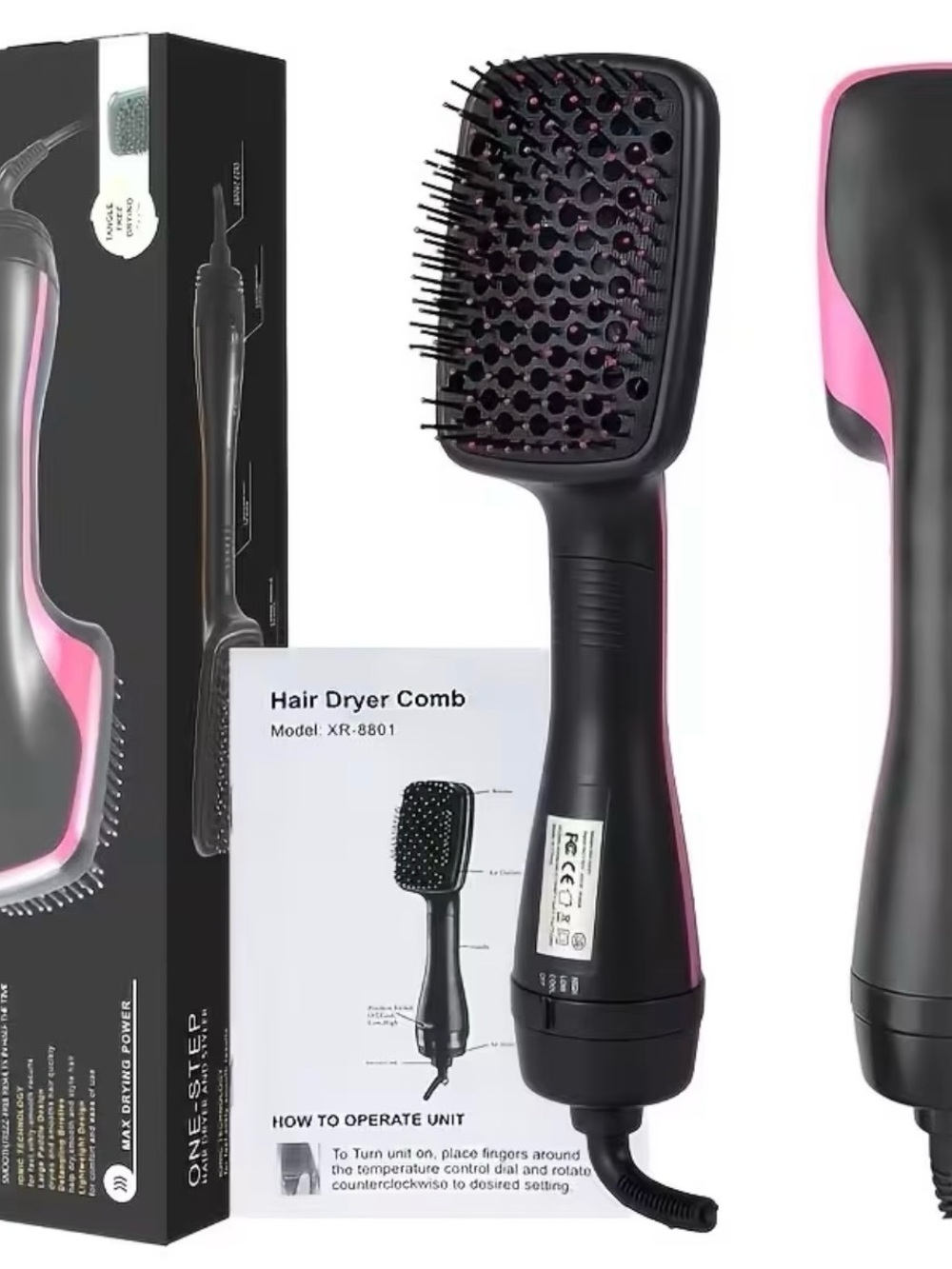 Pink & Black Hair Dryer Brush - 2-in-1 Styling Comb